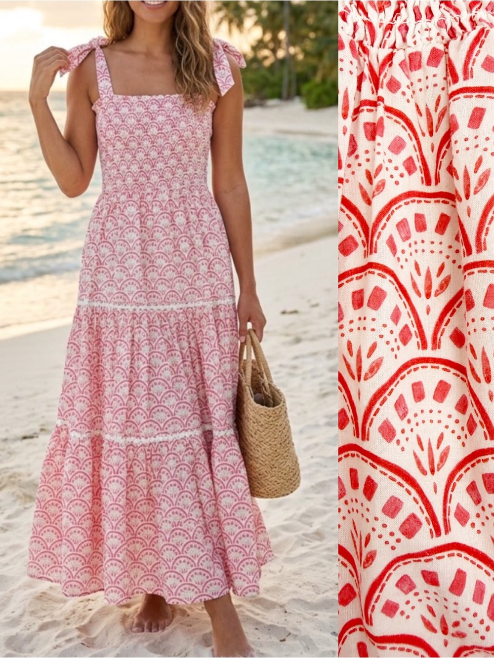 Mon Coco Lucy Convertible Smocked Tiered Maxi Midi Dress Red Vines Block Print